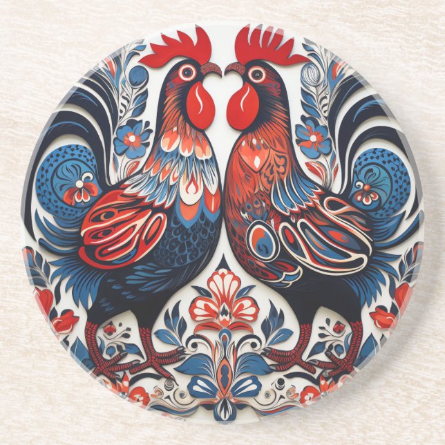 Pair of Dala Style Roosters Coaster (Front)
