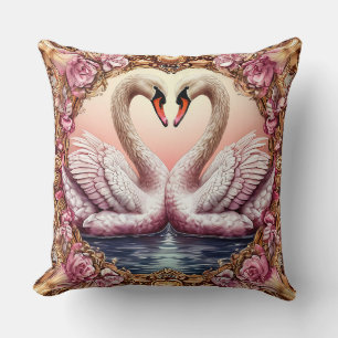 Pair of Elegant Swans Framed by Roses Cushion