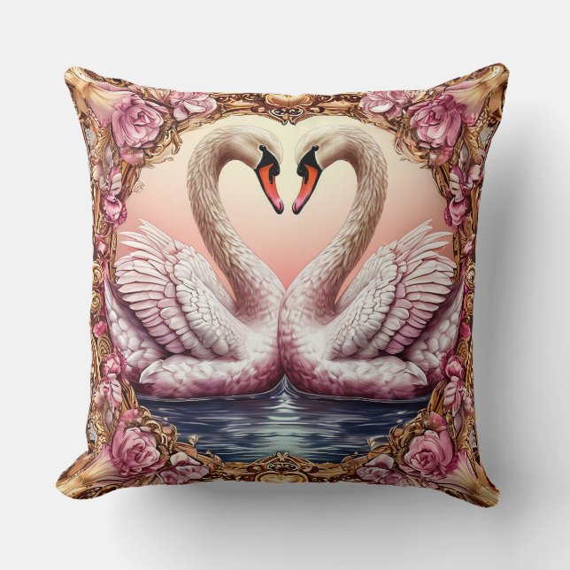 Pair of Elegant Swans Framed by Roses Cushion (Front)
