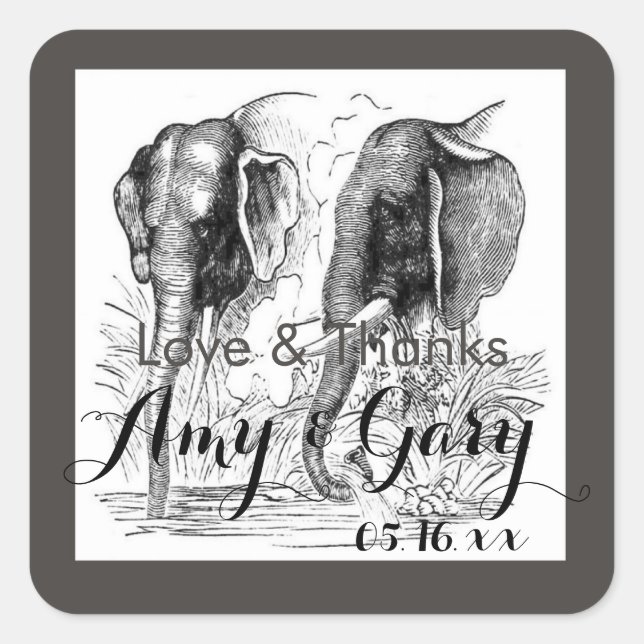 Pair of Elephants Love & Thanks Square Sticker (Front)