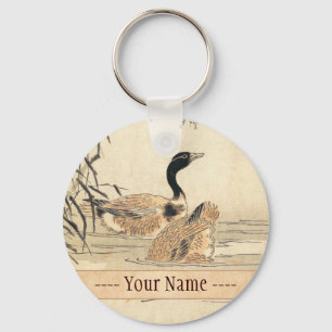 Pair of Geese with Camellias vintage japanese art Key Ring