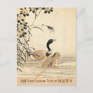 Pair of Geese with Camellias vintage japanese art Postcard