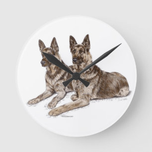 Pair of German Shepherd Dogs Round Clock