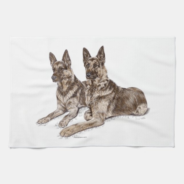 Pair of German Shepherd Dogs Tea Towel (Horizontal)