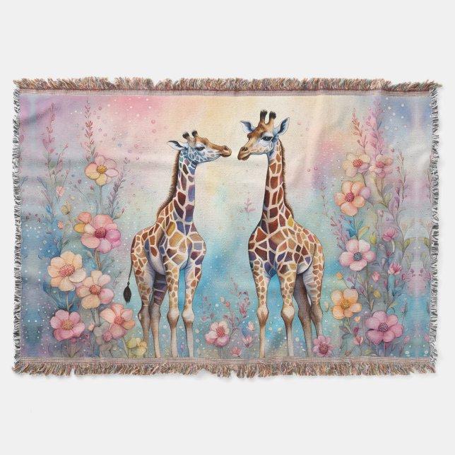 Pair of Giraffes In a Pastel Garden Throw Blanket (Front)