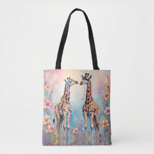 Pair of Giraffes In a Pastel Garden Tote Bag