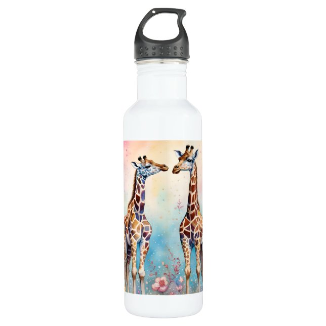 Pair of Giraffes in Love in a Pastel Garden 710 Ml Water Bottle (Front)