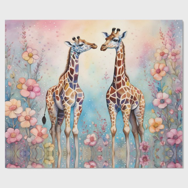 Pair of Giraffes in Love in a Pastel Garden Wrapping Paper (Flat)