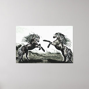 Pair Of Horses In Black and White Canvas Print