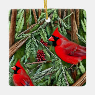 Pair of Majestic Wild Red Cardinals Ceramic Ornament