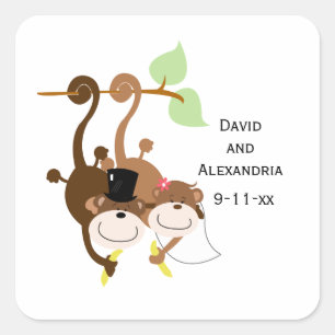 Pair of Monkeys in a Tree Wedding Bridal Favour Square Sticker