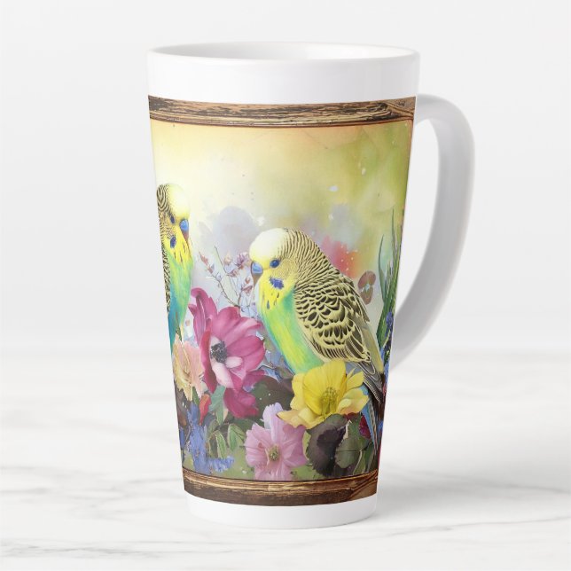 Pair of Parakeets and Wildflowers Latte Mug (Right Angle)