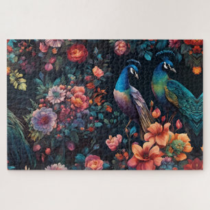 Pair of Peacocks In a Colourful Garden Jigsaw Puzzle