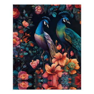 Pair of Peacocks In a Colourful Garden Poster
