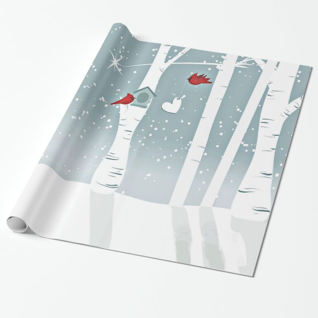 Pair of Red Cardinal Birds in Snowy Woods Wrapping Paper (Unrolled)