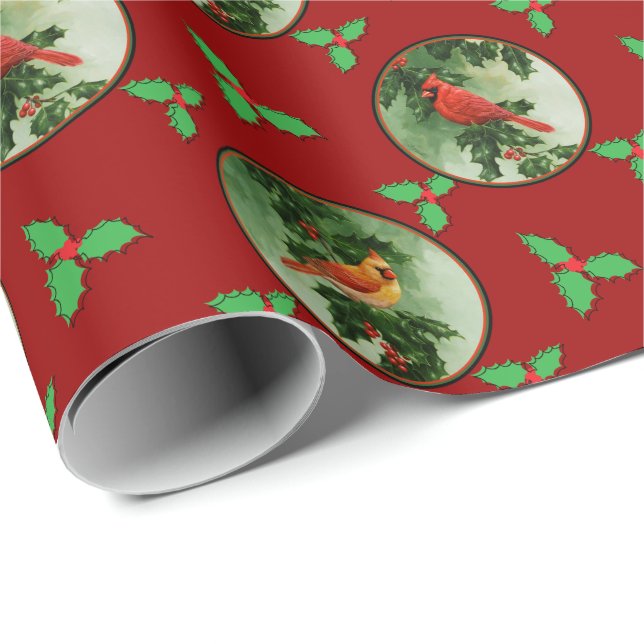 Pair of Red Cardinals and Holly Leaves Wrapping Paper (Roll Corner)