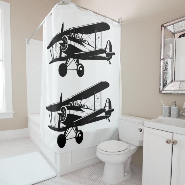 Pair of Retro Planes Formation Silhouette Aircraft Shower Curtain (In Situ)