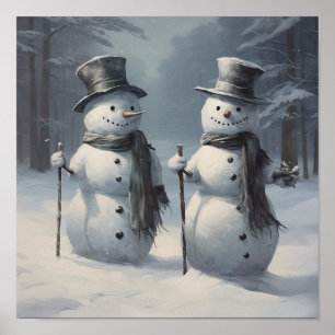 Pair of Snowmen in a Peaceful Forest Poster