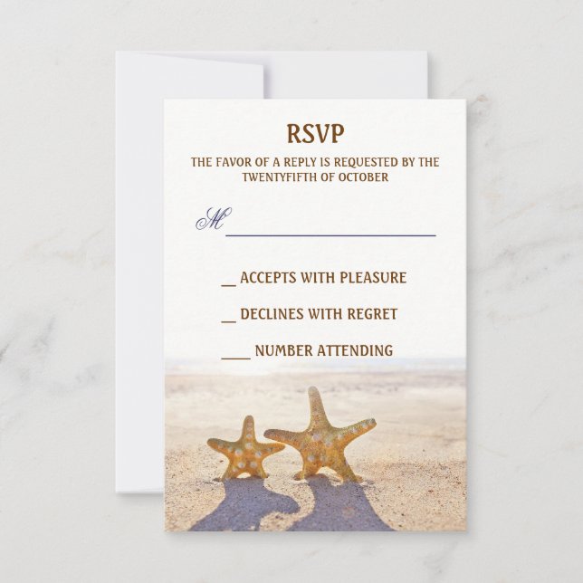 pair of starfish beach wedding RSVP cards (Front)