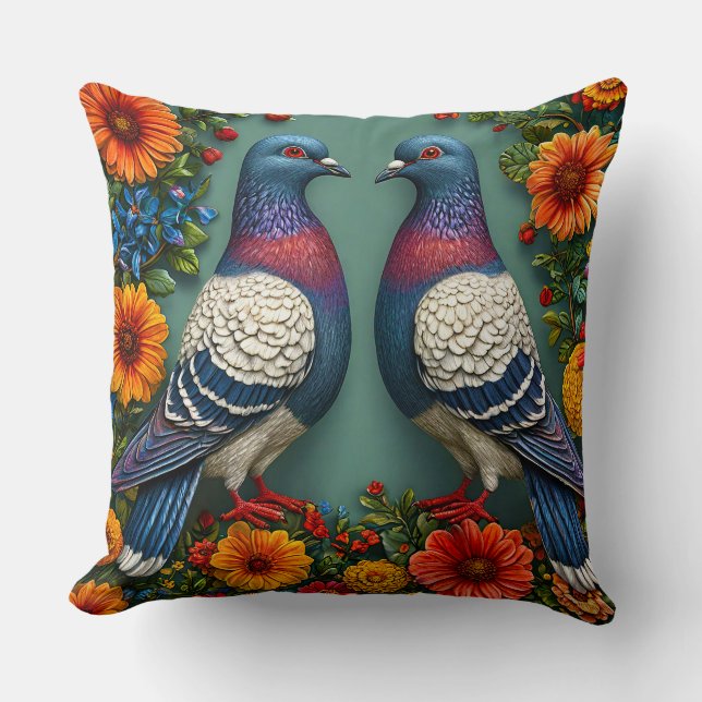 Pair of Vibrant Pigeons Surrounded by flowers Cushion (Front)