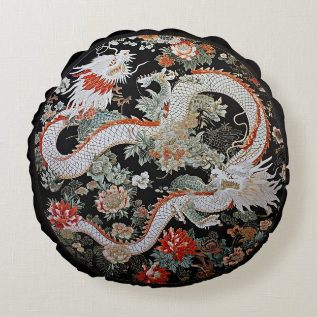 Pair of White Asian Dragons Round Throw Pillow (Front)