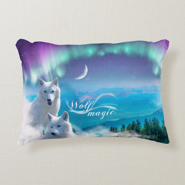 Pair of white wolves with northern lights decorative cushion (Front)