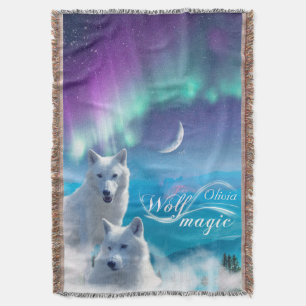 Pair of white wolves with northern lights throw blanket