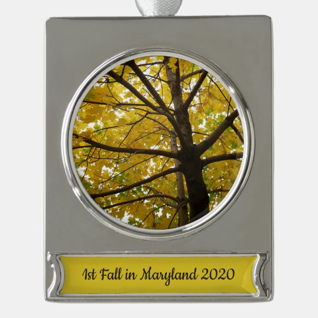 Pair of Yellow Maple Trees Autumn Nature Silver Plated Banner Ornament (Front)