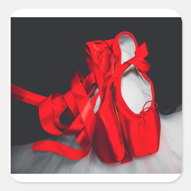 Pair red ballet pointe shoes, with tutus square sticker (Front)