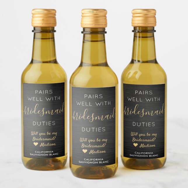 Pairs Well Bridesmaid Proposal Black and Gold Mini Wine Label (Bottles)