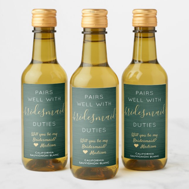 Pairs Well Bridesmaid Proposal Green and Gold Mini Wine Label (Bottles)