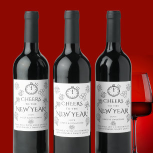 Pairs Well Doodles Black Cheers to New Year Party Wine Label