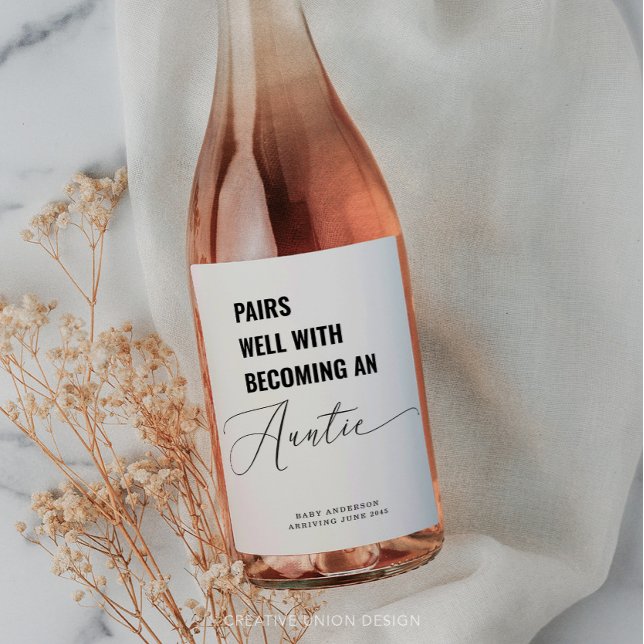 Pairs Well With Baby Announcement Auntie Wine Label (Creator Uploaded)