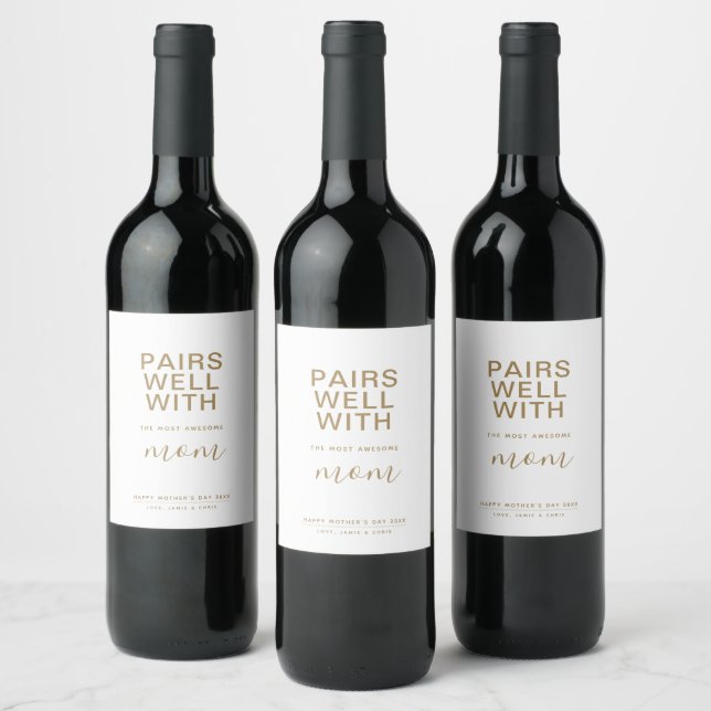Pairs Well With The Most Awesome Mum Minimalist Wine Label (Bottles)