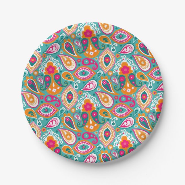 Paisley 70s 60s Boho Retro Paper Plate (Front)