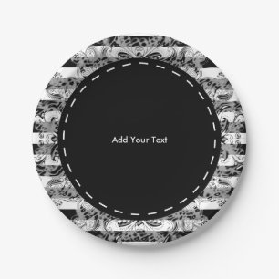 Paisley and Stripes Pattern Black, White & Grey Paper Plate
