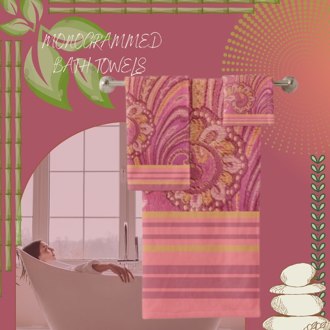 Paisley and Stripes Pink and Orange Gold  Bath Towel Set (Creator Uploaded)