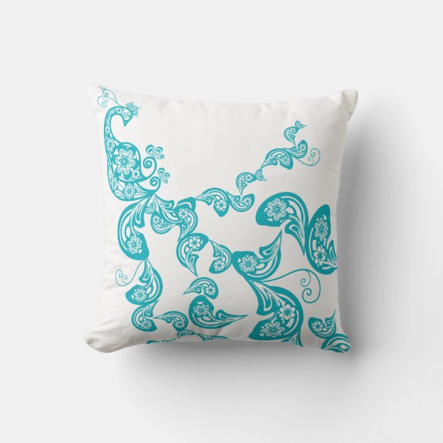 Paisley Art Deco Peacock Turquoise Blue Pillow (Front)