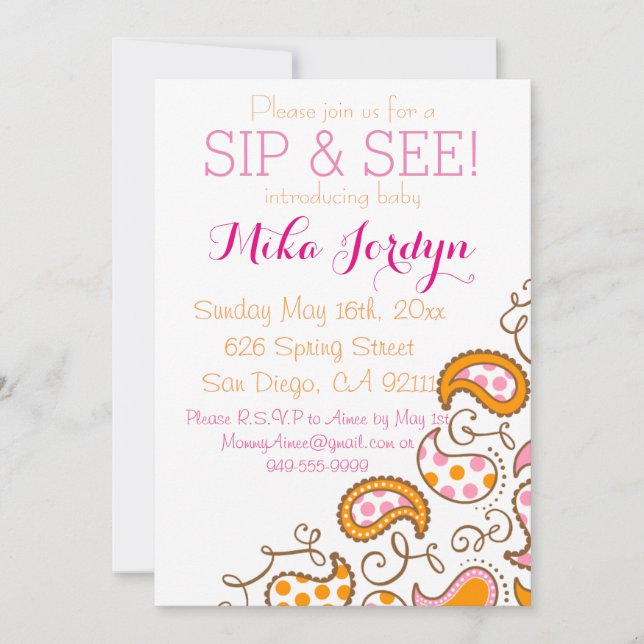 Paisley Baby Sip and See Invitation (Front)
