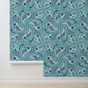 Paisley birds in baby blue wallpaper