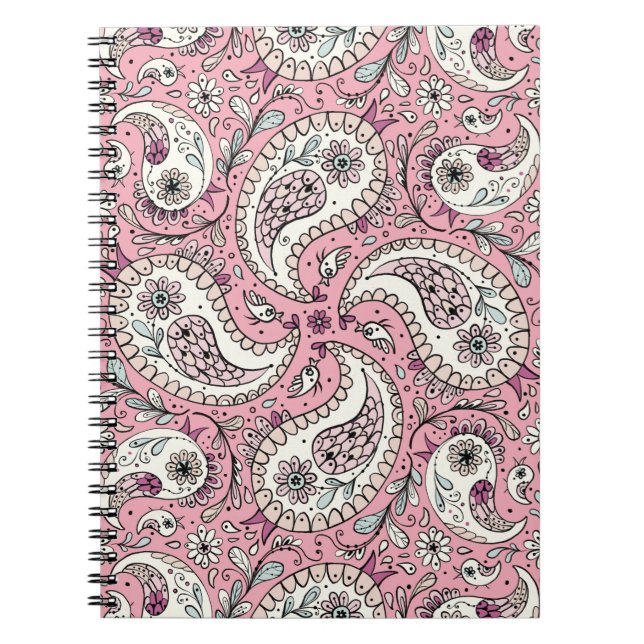Paisley birds in baby pink notebook (Front)