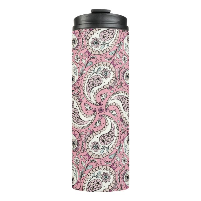 Paisley birds in baby pink thermal tumbler (Front)