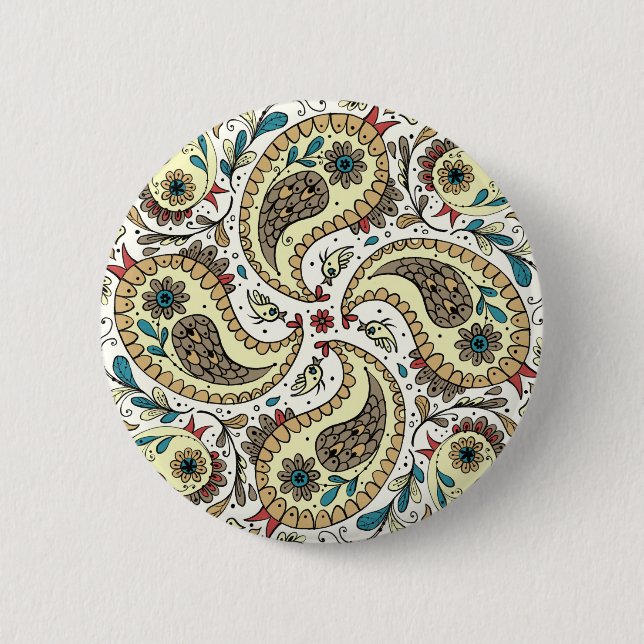 Paisley birds in yellow/brown and white 6 cm round badge (Front)