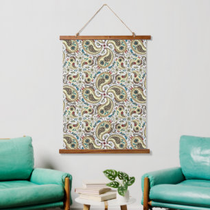 Paisley birds in yellow/brown and white hanging tapestry