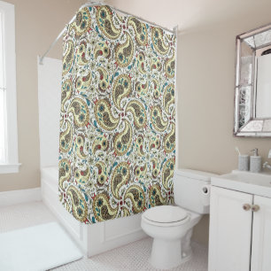 Paisley birds in yellow/brown and white shower curtain