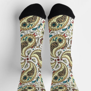 Paisley birds in yellow/brown and white socks