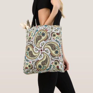 Paisley birds in yellow/brown and white tote bag