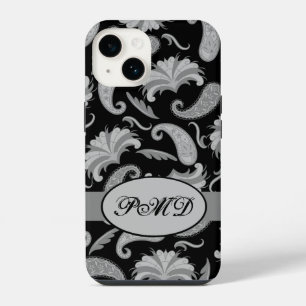 Paisley Black Grey Modern Monogram Name iPhone 14 Case