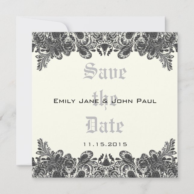 Paisley Black & Ivory Damask Wedding Save the Date (Front)