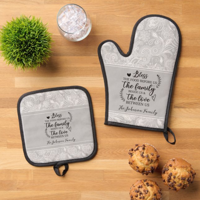 Paisley Blessings personalised family  Oven Mitt & Pot Holder Set (Top Down)